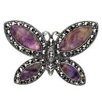 Sterling Silver Blue John Marcasite Four Stone House Style Butterfly Brooch