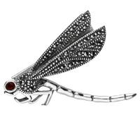Sterling Silver Marcasite Garnet House Style Flying Dragonfly Brooch