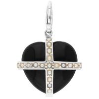Sterling Silver Whitby Jet Nineteen Pearl Large Cross Heart Charm