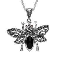 Sterling Silver Whitby Jet Marcasite Garnet Bee Pendant Necklace