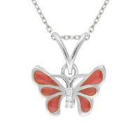Sterling Silver White Sapphire Red Enamel House Style Butterfly Necklace