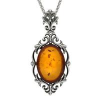 Sterling Silver Baltic Amber Ornate Oval Necklace