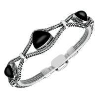 STERLING SILVER WHITBY JET FOXTAIL THREE STONE TRIANGLE BRACELET