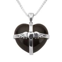 Sterling Silver Whitby Jet Large Winged Cross Heart Necklace