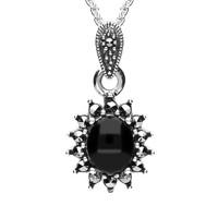 Sterling Silver Whitby Jet Marcasite Oval Bead Edge Necklace