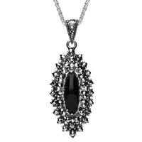 Sterling Silver Whitby Jet Marcasite Double Row Stone Necklace