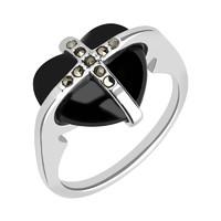 Sterling Silver Whitby Jet Nine Stone Marcasite Small Cross Heart Ring