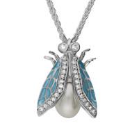 Sterling Silver Pearl White Sapphire Enamel House Style Fly Necklace