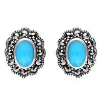 Sterling Silver Turquoise Marcasite Oval Beaded Edge Stud Earrings