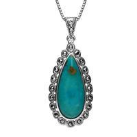 Sterling Silver Turquoise Marcasite Scalloped Edge Pear Necklace