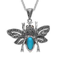 Sterling Silver Turquoise Marcasite Garnet Bee Pendant Necklace