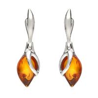 Sterling Silver Baltic Amber Leaf Drop Earrings