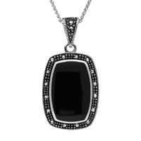 Sterling Silver Whitby Jet Marcasite Curved Oblong Necklace