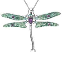 Sterling Silver Amethyst Diamonds House Style Dragonfly Brooch Necklace
