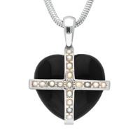 Sterling Silver Whitby Jet Seventeen Pearl Small Cross Heart Necklace