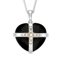 Sterling Silver Whitby Jet And Nine Pearl Medium Cross Heart Necklace