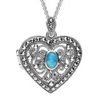 Sterling Silver Turquoise Marcasite Heart Locket Necklace