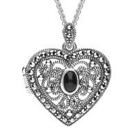 Sterling Silver Whitby Jet Marcasite Heart Locket Necklace