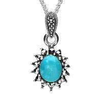 Sterling Silver Turquoise Marcasite Oval Bead Edge Necklace