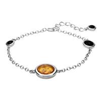 Sterling Silver Whitby Jet Amber Round Four Stone Bracelet