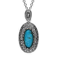 Sterling Silver Turquoise Marcasite Rounded Edge Oval Necklace