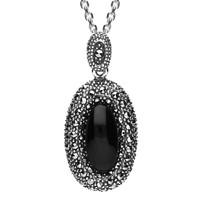 Sterling Silver Whitby Jet Marcasite Rounded Edge Oval Necklace