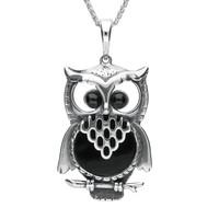 Sterling Silver Whitby Jet Large Owl Necklace
