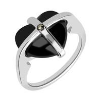 Sterling Silver Whitby Jet One Marcasite Small Cross Heart Ring