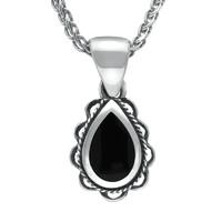 Sterling Silver Whitby Jet Pear Drop Frill Necklace