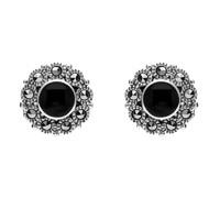 Sterling Silver Whitby Jet Marcasite Round Stud Earrings