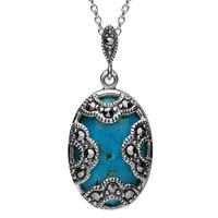 Sterling Silver Turquoise Marcasite Oval Art Deco Necklace