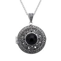 Sterling Silver Whitby Jet Marcasite Round Floral Locket Necklace