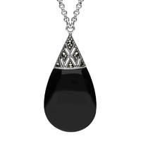 Sterling Silver Whitby Jet Marcasite Capped Pear Drop Necklace