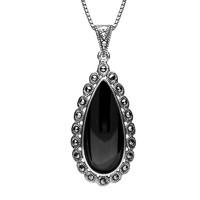Sterling Silver Whitby Jet Marcasite Scalloped Edge Pear Necklace