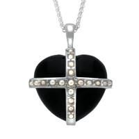 Sterling Silver Whitby Jet Nineteen Pearl Large Cross Heart Necklace