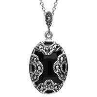 Sterling Silver Whitby Jet Marcasite Oval Art Deco Necklace
