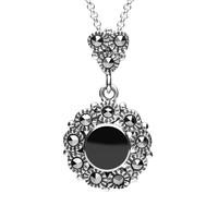 Sterling Silver Whitby Jet Marcasite Round Centre Beaded Drop Necklace