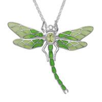 Sterling Silver Diamond Peridot Enamel House Style Dragonfly Necklace