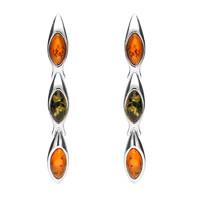 Sterling Silver Baltic Amber Three Stone Marquise Drop Earrings