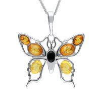 Sterling Silver Whitby Jet Amber Butterfly Necklace