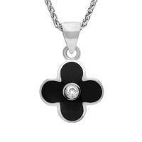 Sterling Silver Whitby Jet Cubic Zirconia Four Leaf Clover Necklace