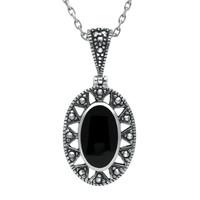 Sterling Silver Whitby Jet Marcasite Oval Necklace