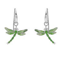 Sterling Silver Diamond Green Enamel House Style Dragonfly Drop Earrings