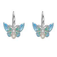 Sterling Silver Diamond Pearl Enamel House Style Butterfly Drop Earrings