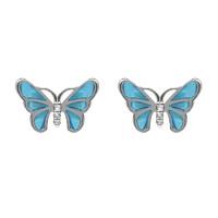 Sterling Silver White Sapphire Blue Enamel House Style Butterfly Stud Earrings