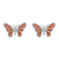 Sterling Silver White Sapphire Red Enamel House Style Butterfly Stud Earrings
