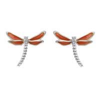 Sterling Silver White Sapphire Red Enamel House Style Dragonfly Stud Earrings