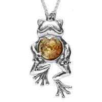 Sterling Silver Amber Frog With Crown Necklace