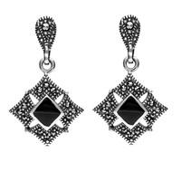 Sterling Silver Whitby Jet Marcasite Square Centred Drop Stud Earrings