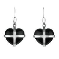 Sterling Silver Whitby Jet Small Cross Heart Drop Earrings